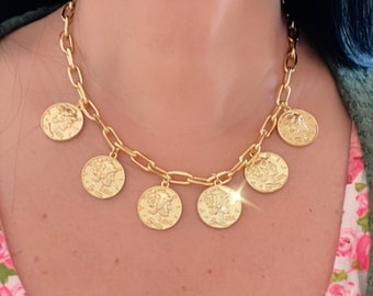 SOLID dangling charm necklace -coin necklace reversible coins charm-gold necklace link chain necklace gift for her-golden choker -valentines