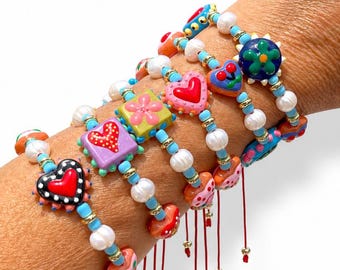 Handmade Lampwork Murano Glass Beaded Bracelet, Natural Freshwater Pearl Jewelry, Colorful Adjustable Bracelet, Unique Gift for Her-murano