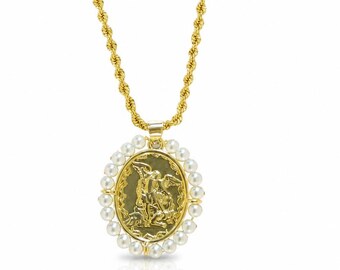 St Michael Archangel Necklace, 18K Gold-Plated Pearl Medallion, Catholic Protection Jewelry Gift-San Miguel arcángel venezuela saint necklac