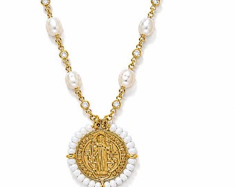 Saint Benedict Reversible Necklace | Genuine Freshwater Pearl 8mm, Cubic Zirconia Stations, Gold Filled Catholic Jewelry, San Benito Medal
