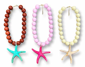 Coastal Starfish Necklace, Chunky 12mm Bubblegum Beads, Beach Jewelry, Tropical Statement Necklace for Women-chicle necklace -chunky beads