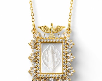 Saint Benedict protector Necklace, 18K Gold Filled Mother of Pearl Pendant, Holy Spirit Dove Necklace, Catholic Jewelry, Religious Gift