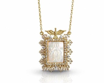 Miraculous Medal Necklace with Holy Spirit Dove | Hand Carved Mother of Pearl Virgin Mary | 18K Gold Filled Religious Necklace | Catholic