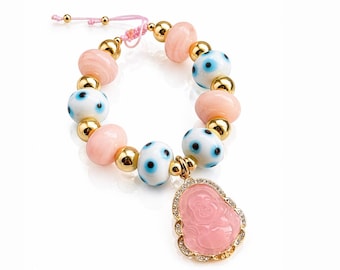 Handmade Pink Buddha Evil Eye Bracelet, Adjustable Murano Glass Amulet Bracelet for Women, Protective  Beaded Bracelet, spiritual bracelet