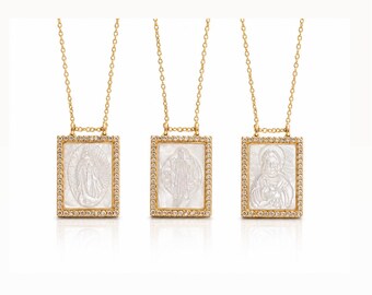 Scapular necklace cubic zirconia bezel – Catholic scapular necklace – mother-of-pearl scapular – scapular medal-religius necklace -gift idea