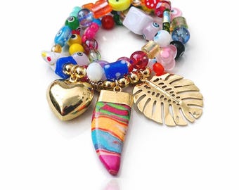 Colorful Charm Bracelet for Women, Handmade Beaded Bracelet, Gold Heart Charm Bracelet, Tropical Leaf Pendant Jewelry, Trendy Stackable