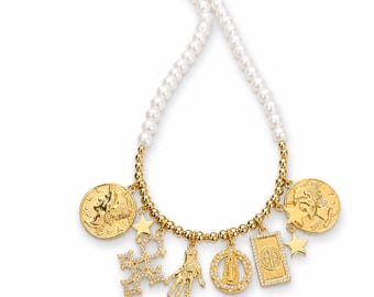 Pearl Necklace, Charm Necklace, Gold Coin Necklace, Virgin Mary Necklace, Religious Jewelry, Catholic Gift, Handmade Jewelry, Pearl Choker