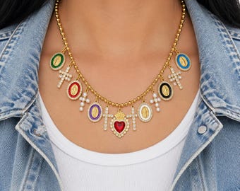 Saint Benedict Medal Charm Necklace | Sacred Heart of Jesus Necklace | CZ Cross Charms | Pearl Religious charms Necklace | Catholic Gift -