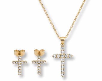 Dainty Gold  Cross Necklace and Stud Earrings Set, Stainless Steel Cubic Zirconia Cross Jewelry, Christian Religious Gift, Faith minimalist