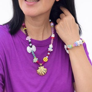 Colorful Handmade Beaded Necklace Set, Cute Charm Necklace & Bracelet, Statement Jewelry, Unique Gift for Her, Fun Summer Jewelry