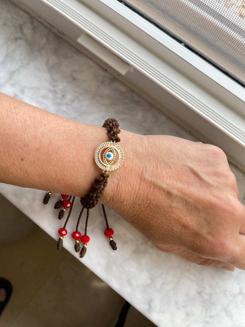 Handmade embroidery amulet bracelet-evil eye micro pave conector-zirconium bracelet-protection bracelet-one of a kind jewelry-gift idea image 7