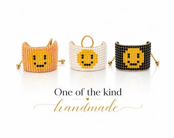 Handmade Smiley Face Bracelet, Beaded Crystal Cuff Bracelet, Adjustable Friendship Bracelet, Happy Face Jewelry, Unique Gift for Her Embrode