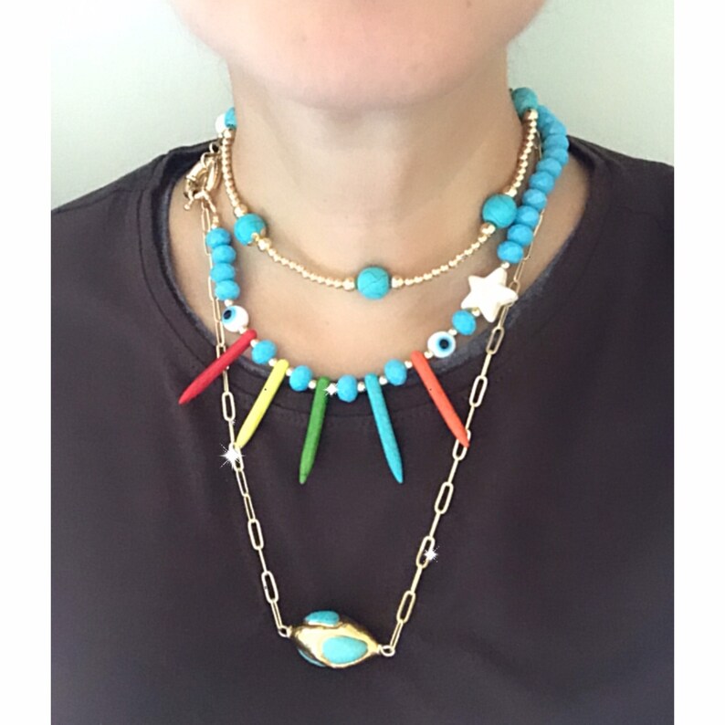 Necklaces of different sizes layers totally handcrafted with semi-precious stones Murano eyes unique totally exclusive gold plated chains