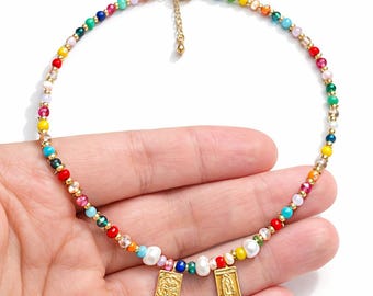 Dainty Colorful Beaded Religious Necklace Freshwater Pearls – Gold Plated San Benito & Virgin Mary Charms – Handmade Catholic Jewelry –