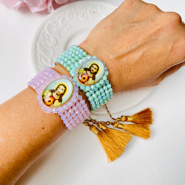 Sacred Heart of Jesus Bracelet Hand Embroidered Bracelet Crystal Beads Bracelet Religious Bracelet Catholic Bracelet-religious gift idea -