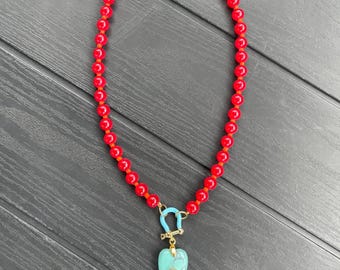 Handmade Natural Gemstone Necklace | Colorful Beaded Heart Pendant Necklace | Boho Chic Jewelry for Women | Turquoise Heart Charm | Unique