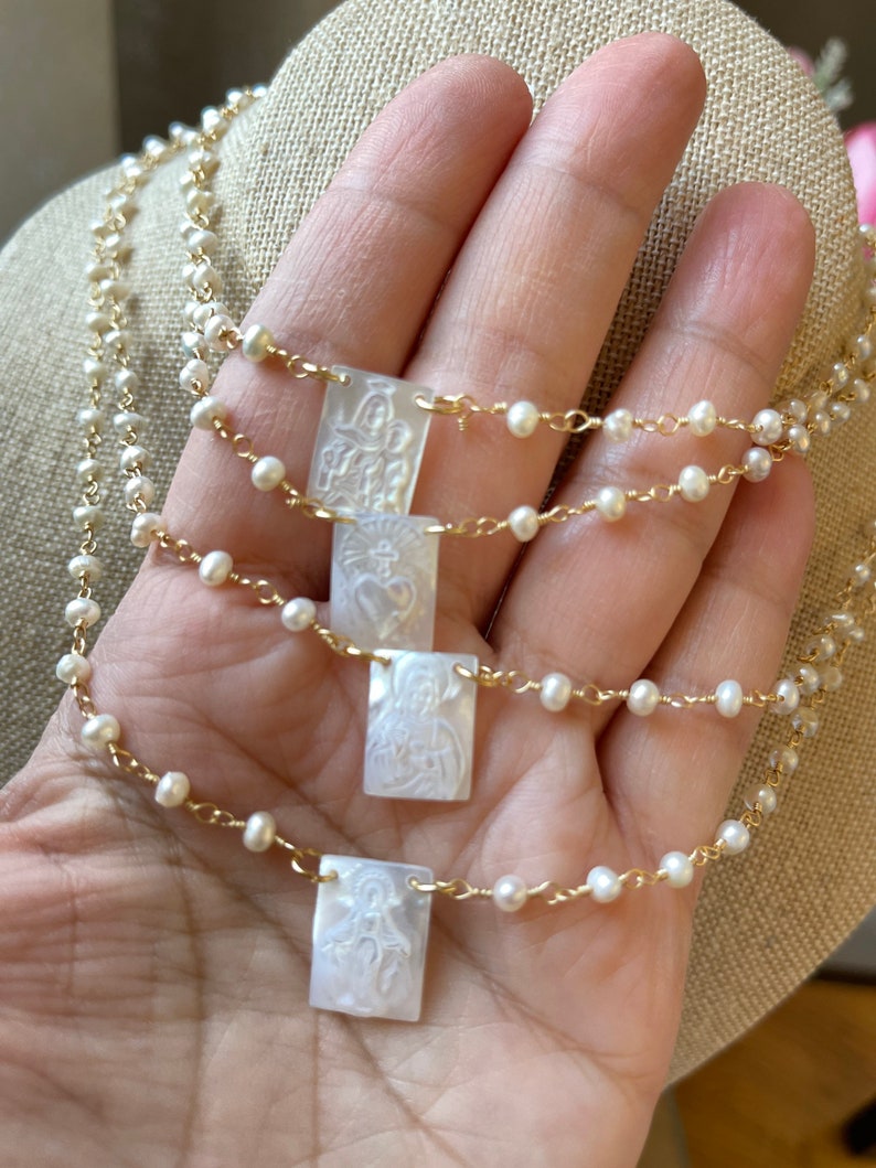 Mother of pearl Scapular necklace, Miraculous medal, Baptism gift, catholic gifts, sacred heart, Virgin Mary, scapular, scapular medal-gift image 9