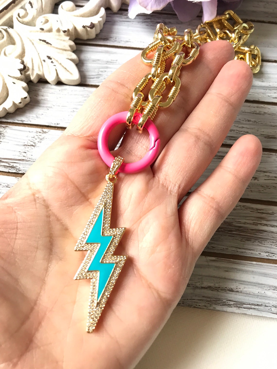 18K chain Enamel Lightning Bolt Pendant for Necklace Bolt Etsy