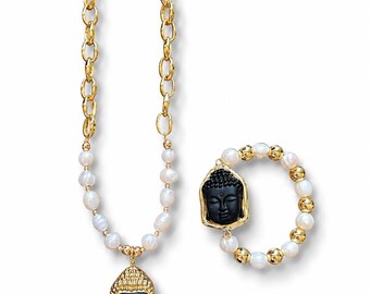 Buddha Pearl Necklace and Bracelet Set, Handmade Gold Jewelry, Freshwater Pearl Jewelry, Spiritual Jewelry Set, Luxury Statement Necklace