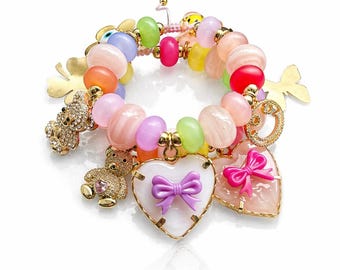 Cute Colorful Charm Bracelet for Women, Handmade Adjustable Beaded Bracelet, Heart Bow Teddy Bear Bracelet, Trendy Gift for Her, Kawaii gift