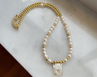 Dainty Mother of Pearl Scapular Necklace - Sacred Heart - Catholic Gifts - Minimalist Pearl Necklace - Religious Jewelry - Religious Jewelry
