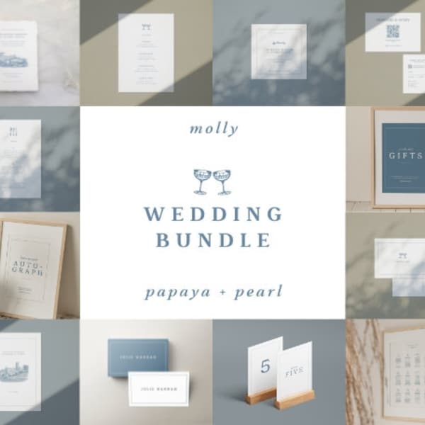 Wedding Bundle Canva Templates Itinerary MOLLY | Printable Instant Download | Retro Hand-Drawn Illustrations