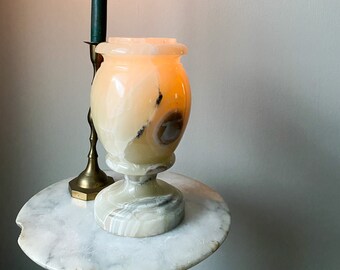 Midcentury Natural Stone Vase, Beige and Earth Tone Alabaster Vessel, Vintage Alabaster Vase, Votive Candle Holder Made of Stone