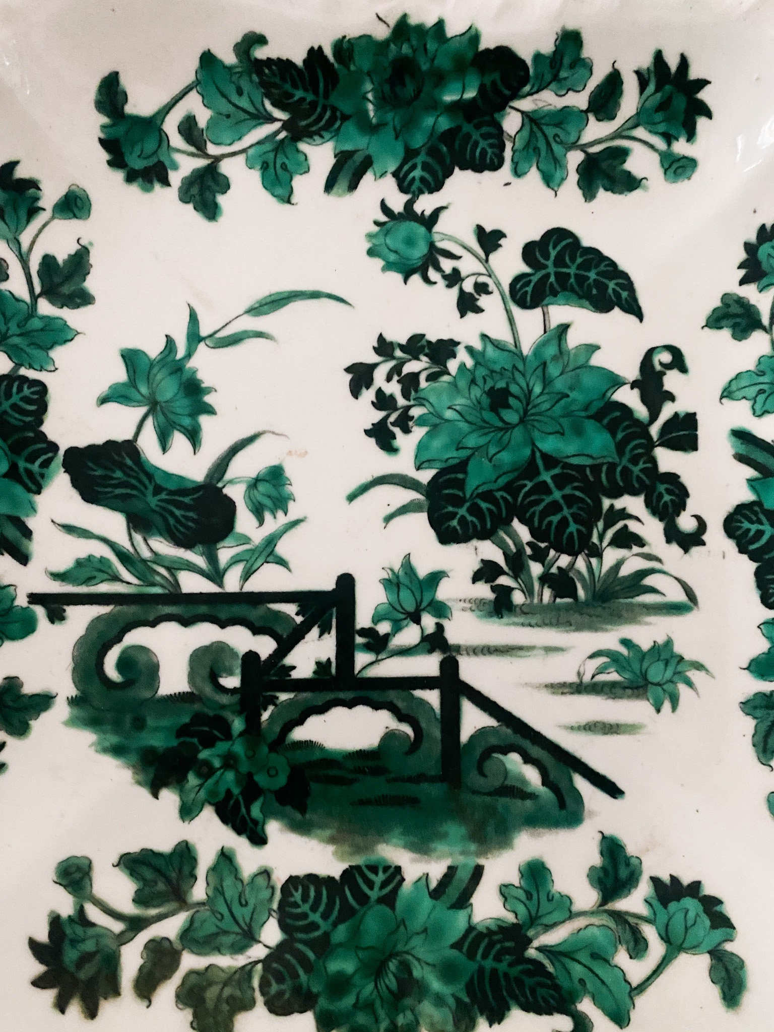 Vintage Green and White Chinese Floral Serving Platter With Scalloped