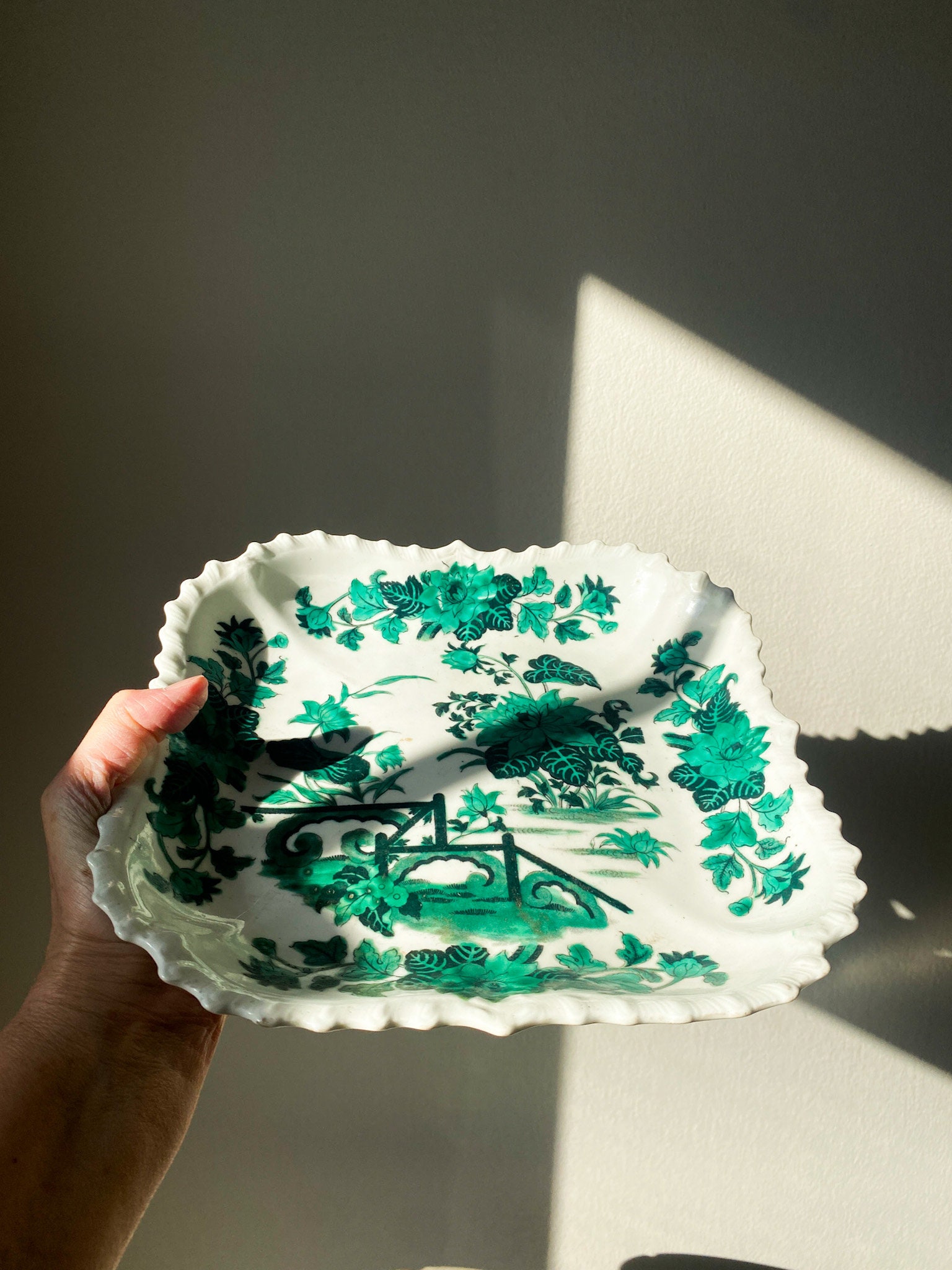 Vintage Green and White Chinese Floral Serving Platter With Scalloped