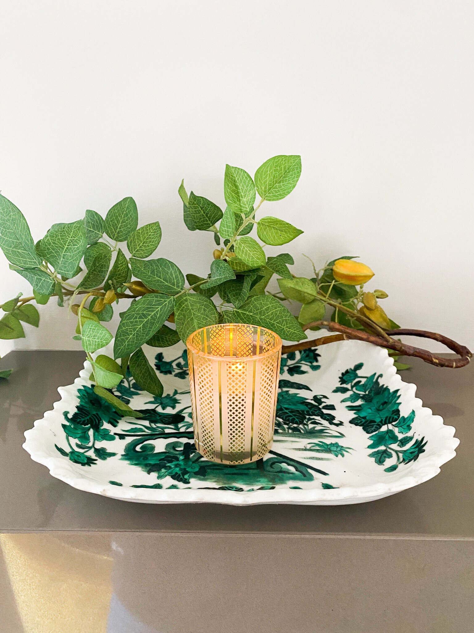 Vintage Green and White Chinese Floral Serving Platter With Scalloped