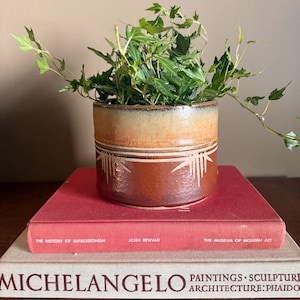 May include: A cylindrical ceramic planter with a two-tone glaze featuring a tan upper section and a dark reddish-brown lower section, decorated with etched sunburst patterns. A green ivy plant grows from the planter, which sits on two stacked books.