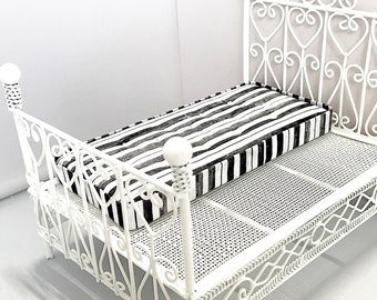 Dollhouse Bedding, Miniature Dollhouse Mattress, Black and White Striped Grunge, Single Size, 1/12 Scale, Dollhouse Furniture, Doll Bedroom