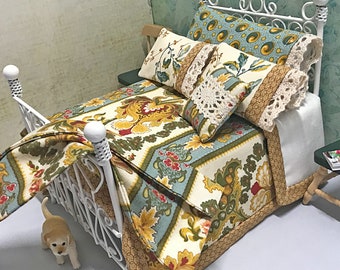 Dollhouse Bedding, Beige and Blue Bohemian Style Dollhouse Quilt Set, Boho Style Floral Fabric, 12 Scale Doll Bedding, 8 Pc. Doll Collectors