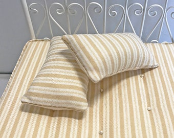 Dollhouse Bedding, Miniature Dollhouse Bed Pillows Set, Yellow and White Striped Ticking, 1/12 Scale, Dollhouse Furniture, Mini Pillows