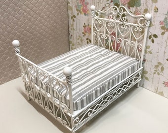 Vintage Looking Dollhouse Mattress, Grey and White Striped Fabric, 1/12 Scale, Double Bed Size, Dollhouse Bedding, Gift for Miniaturist