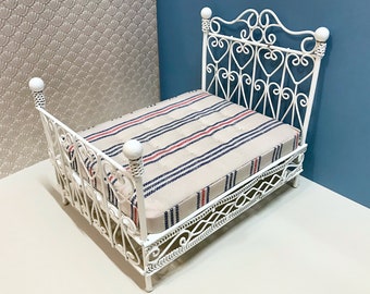 Dollhouse Bedding, Vintage Looking Dollhouse Mattress, Blue Red and Beige Striped Fabric, Double Bed, Dollhouse Miniatures, Miniature Bed