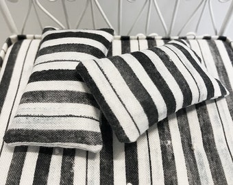 Dollhouse Bedding, Miniature Dollhouse Bed Pillows Set, Black and White Striped Ticking, 1/12 Scale, Dollhouse Pillows, Dollhouse Furniture