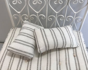 Dollhouse Bedding, Miniature Dollhouse Pillows, Ticking Striped, Beige and Grey, 1/12 Scale, Tiny Pillows, Pillows for Dolls, Collectibles