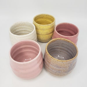 Handmade Ceramic Speckled Mug - Small Dark Pink, Light Pink, Yellow, and Purple Speckled Cup - Unique with Four Color Variations