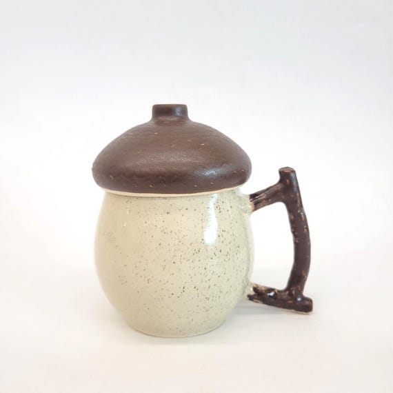 Acorn Mug - Handmade Ceramic Cup with Lid - Unique Tree branch handle design
