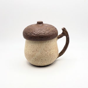 Acorn Mug - Handmade Ceramic Cup with Lid - Unique Tree branch handle design