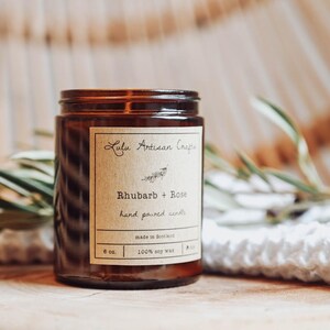 Rhubarb & Rose | Candle | Organic Soy Wax | Vegan | Zero Waste | Sustainable |Personalised | Gift | 6oz