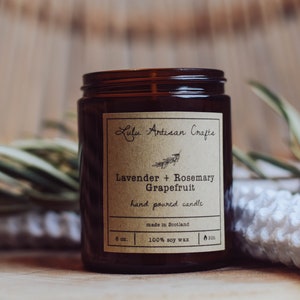 Lavender & Rosemary Grapefruit | Candle | Organic Soy Wax | Vegan | Zero Waste | Sustainable |Personalised | Gift | 6oz