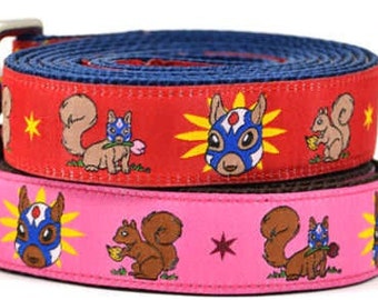 Lucha Squirrel Dog Leash - Red & Pink