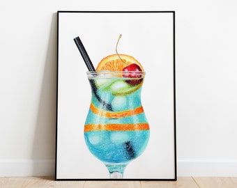 Blue Lagoon Cocktail Print - Original Marker Illustration | Dining / Kitchen / Bar Wall Art | Alcohol Lover Gift for Him / Her | Poster