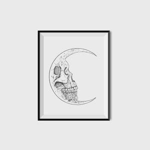 Moon Skull Illustration Print Gothic Tattoo Style Art Black & White Alternative Halloween Gift Home Decor Goth Celestial image 1