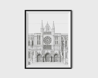 Cathedral Illustration Print - Original Architectural Drawing, France Cathedral, Religious Art Print, Wall Art, Mothers day