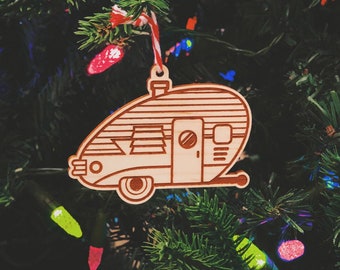 Camper Trailer Christmas ornament // Laser Engraved Wood Teardrop Winnebago Camping Wanderlust Travel Adventure Winter Snowy Holiday Explore