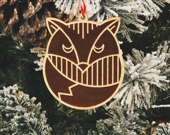 Fox Christmas Ornament // Winter Snowy Holiday Explore Wanderlust Laser Engraved Wood Cute sleepy nap forest animal dream vulpine