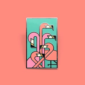 Art Deco Flamingos Enamel Lapel Pin Badge // Vintage Summer Beach Adventure Explore Surf Shack Surfing Las Vegas Gift